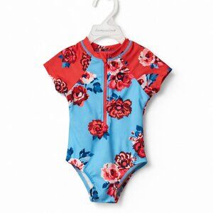 NWT Deux par Deux Floral Red / Blue Baby Girl Swimsuit - 9/12 M